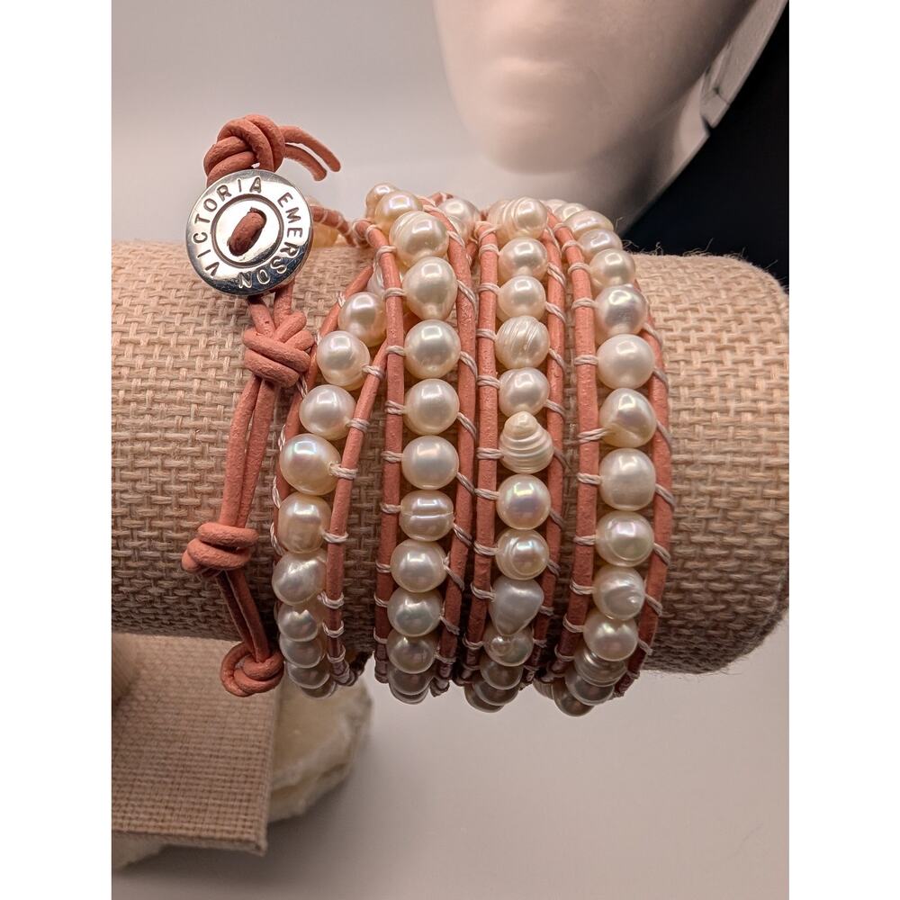 Victoria Emerson Blush Leather Freshwater Pearl Wrap Bracelet Multi-Strand